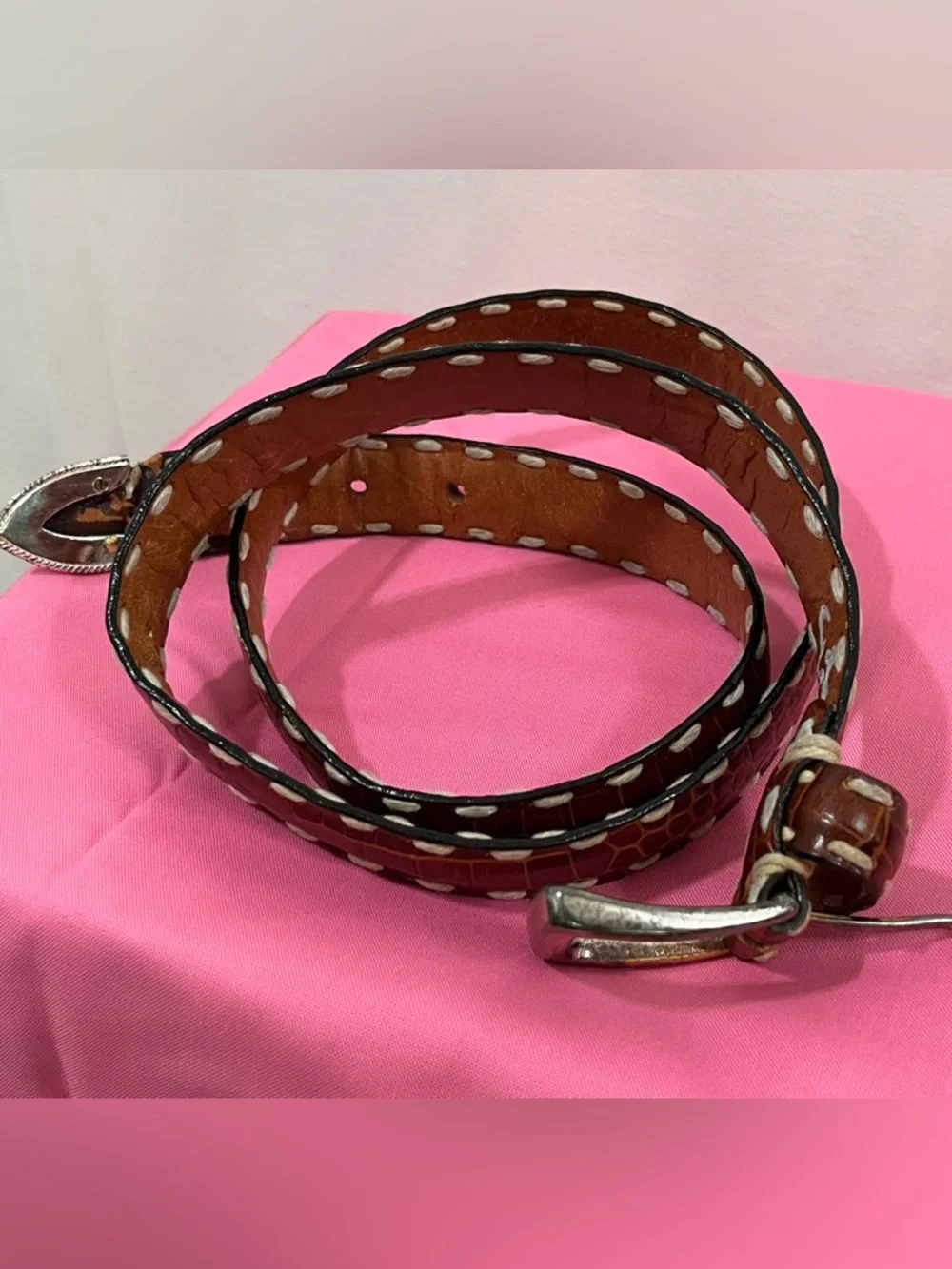 Kenneth Cole Croc Embossed Leather Belt 38 Brown Italian Calfskin Luxury Western